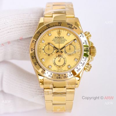 Swiss Rolex Cosmograph Daytona 7750 Watch in 904l Yellow Gold Diamond Markers